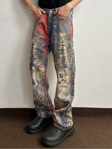 AIDASE  -  High Street Vintage Wshed Cashew Flower Digital Printed Denim Cargo Jeans Baggy Vintage Y2k Jeans pantalones hombre y2k clothes aidase-shop